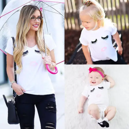 Одинаковые комплекты для семьи; футболка с короткими рукавами для мамы и дочки; топы с принтом ресниц и губ; хлопковые модные белые футболки; одежда