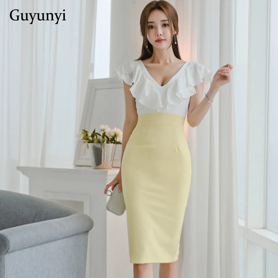 

Elegant Office Lady Dress Summer Small Sexy V-Neck Sleeveless Lace Ruffle Plain Stitching High Waist Pencil Women's Dresses