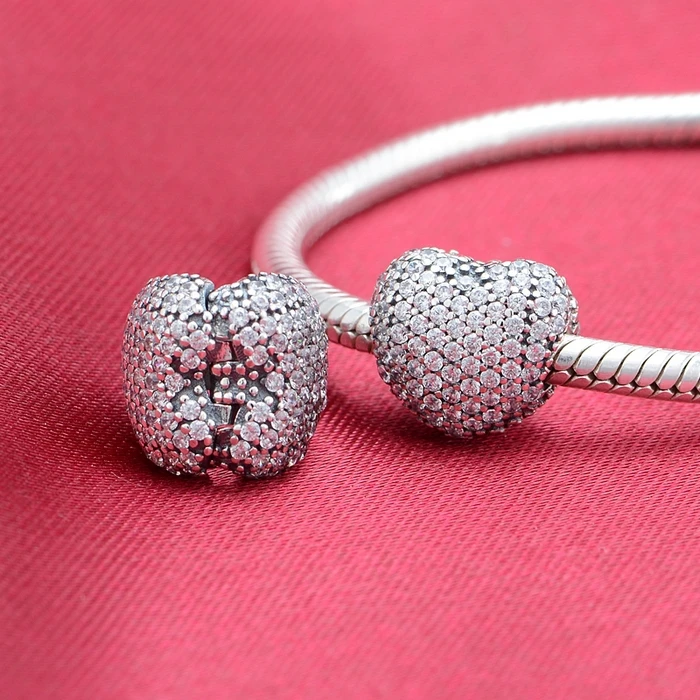 925-серебро проложить сердце из фианита замочек застежка Бусы fits Дизайнерские Браслеты DIY женские ювелирные изделия