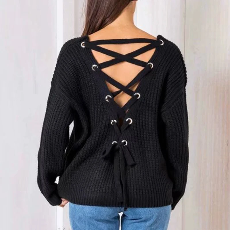 

GAOKE Sexy Backless Knitting Pullover Fashion Lace Up Autumn Winter Sweater Women Tops Casual Hollow Out Jumper Pull Femme