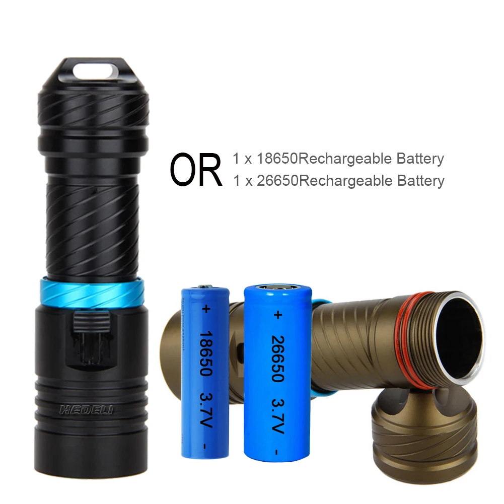 Diving light Flashlight Underwater 100m Use 18650 or 26650 rechargeable
