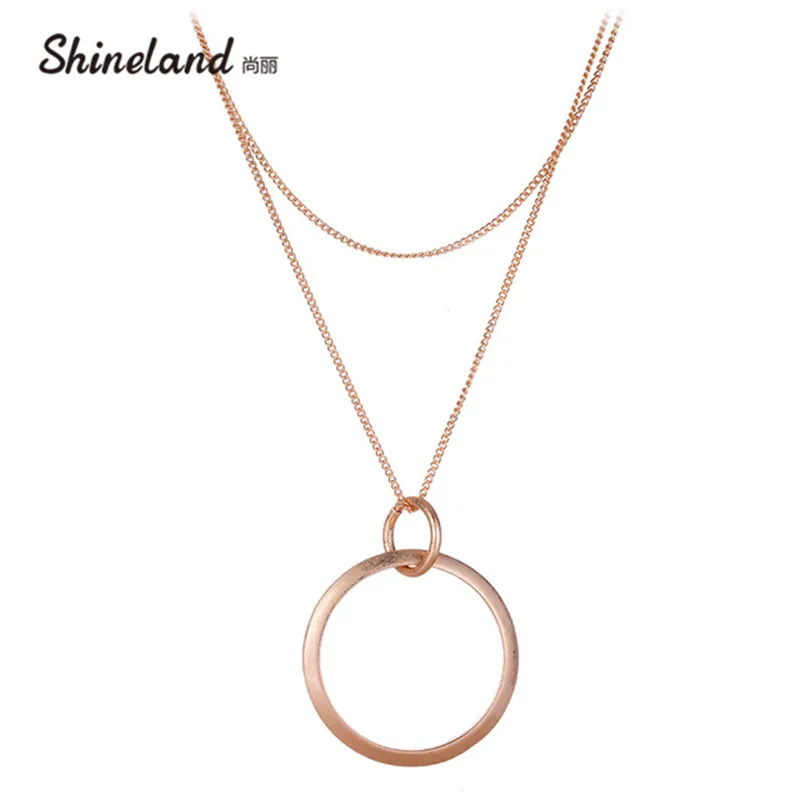 Shineland Женская модная недорогая бижутерия золотой серебряный цвет многослойная двойная цепь круг кулон ожерелье для оптовой продажи