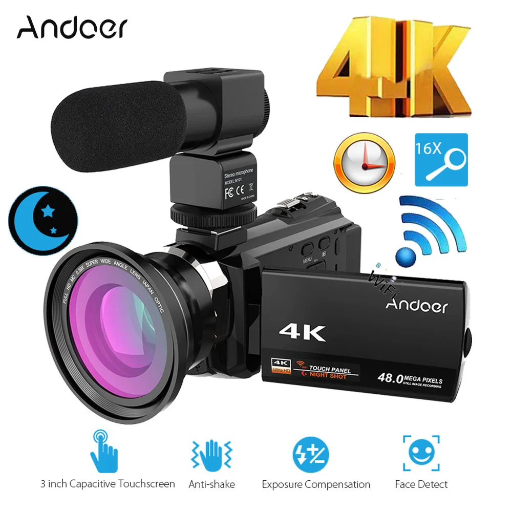 Цифровая видеокамера 4K 1080P wi fi записывающая с широкоугольным микрофоном и