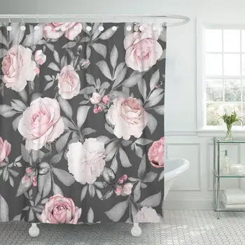 

Fabric Shower Curtain with Hooks Pink Flowers and Leaves on Gray Watercolor Floral Pattern Rose in Pastel Color