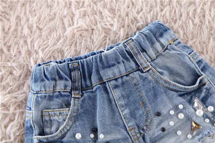 Летние джинсы с жемчугом для девочек рваные джинсовые короткие штаны детские брюки детская одежда повседневные штаны для малышей от 24 месяцев до 6 лет