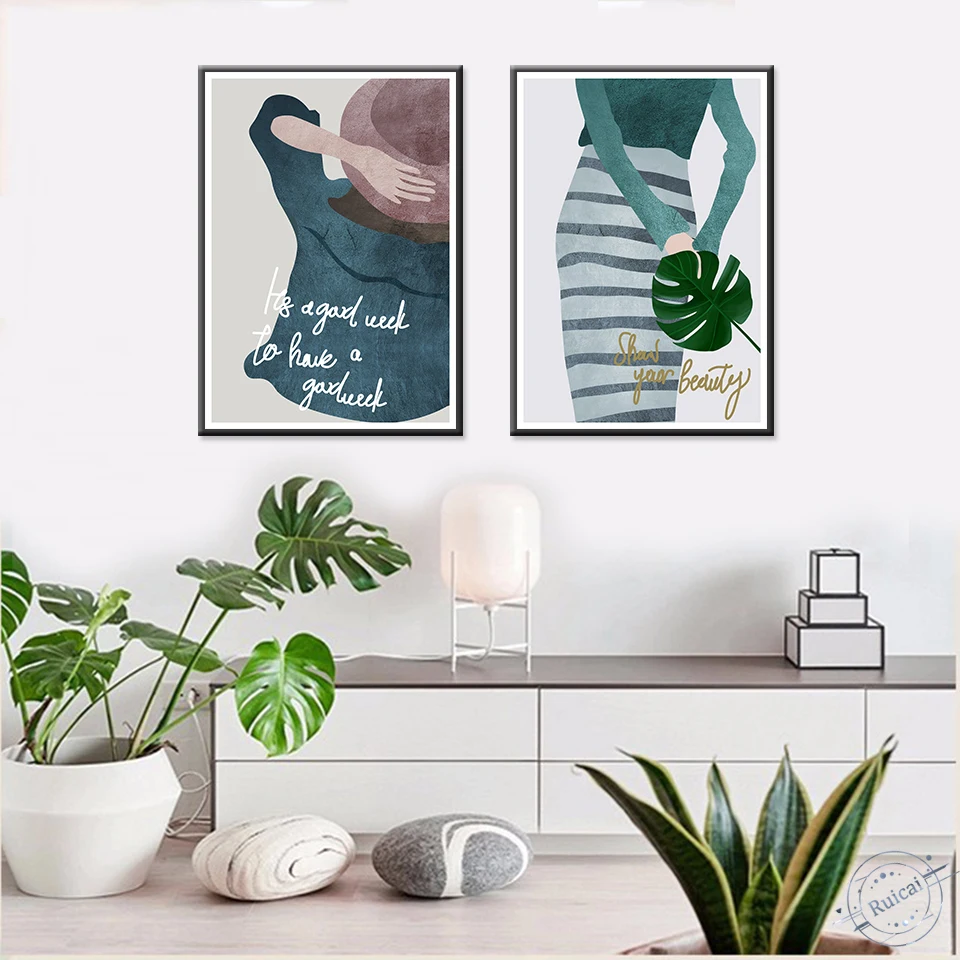 

Nordic small fresh girl Canvas Painting Poster Green plant letter Print Decor Wall Art Pictures For Living Room