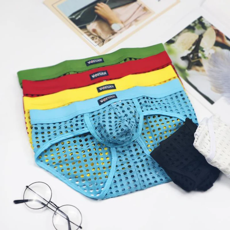

Mens Underwear Sexy Fishnets Panties Gay Male Undies Nylon See Through Shorts Low Waist Cute Novelty Boy Blue Red Yellow Summer