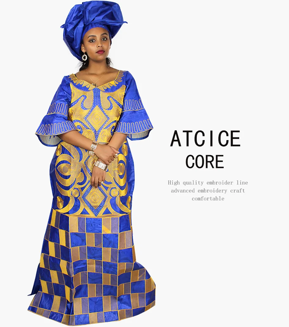 African Dresses For Woman Bazin Riche Computer Emboridery Plus Size Long Dress With Scarf A023 african robe