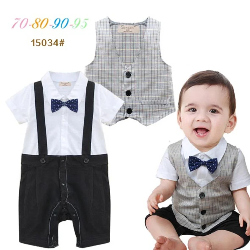 

2016 Baby boy summer clothes boys gentleman style short sleeve jumpsuit baby cotton 2pcs romper+vest toddler boy romper