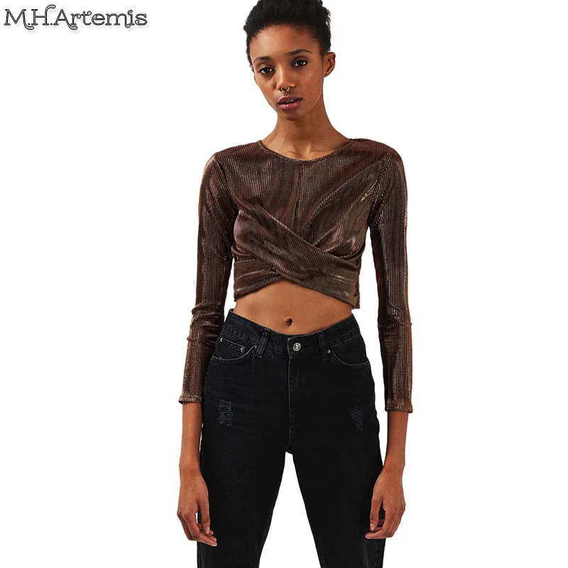 M.H.Artemis Round neck cross tie tops Women shiny crop tops long sleeve
