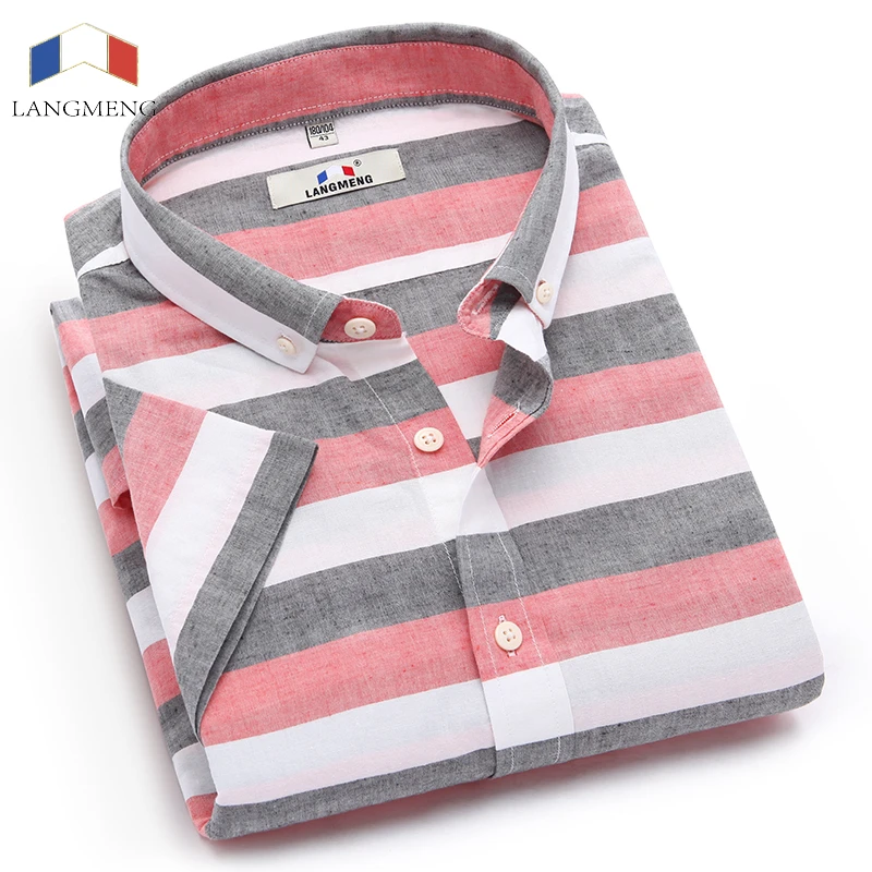 Prix Langmeng 2017 D été Hommes Occasionnels Chemises à manches Courtes Chemise en lin De Mode Slim Coton Rayé Chemises Camisa Masculin entretien facile