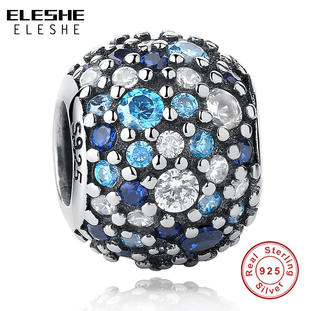 ELESHE Real 925 Sterling Silver Charm Blue Colourful Zircons Round Beads Fit Original Charms Bracelet Authentic Jewelry