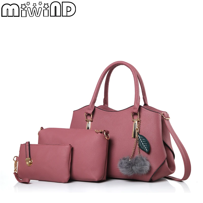 

Women's Handbags Female Shoulder Bags High Quality Leather PU Fashion Hairball Rivet Large Capacity 3-Piece Set MIWIND 2019 New
