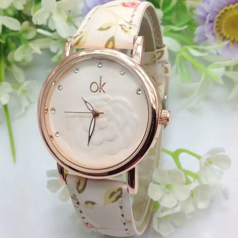 

Free shipping 2016 New Fashion OK multi-color flowers series dermabrasion PU leather Wristwatch for women      W298