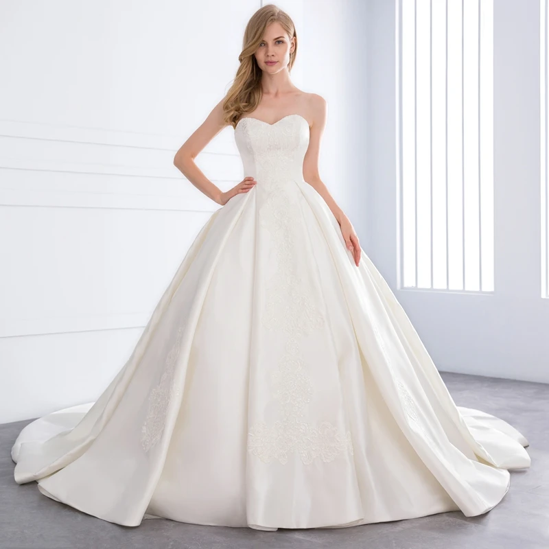 Sweetheart Satin Pearls Lace Appliques Cathedral Train Wedding Dress