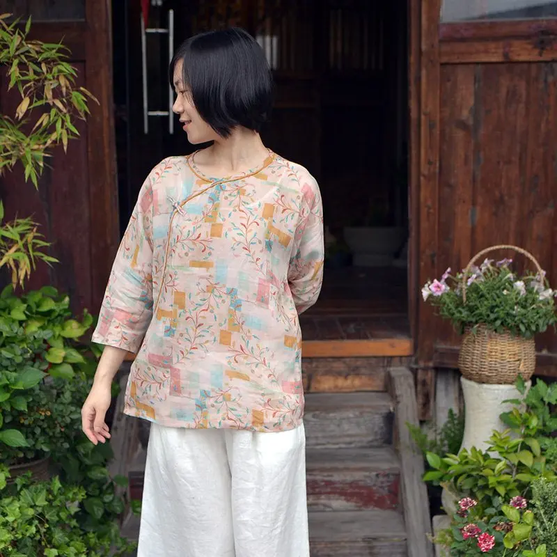 

Retro Theatrical Digital Printing Plate Buttons Chinese-style Floral Cotton Female Ramie Shirt Chinese Wind Autumn