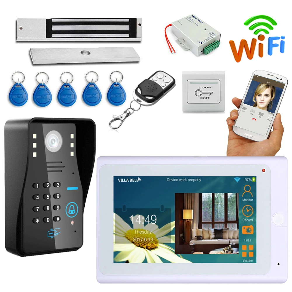 7\ Video Doorbell System Video Door Phone Intercom Kits Password keypad, RFID Card +180kg Electric Magnetic Lock, Wired/Wireless