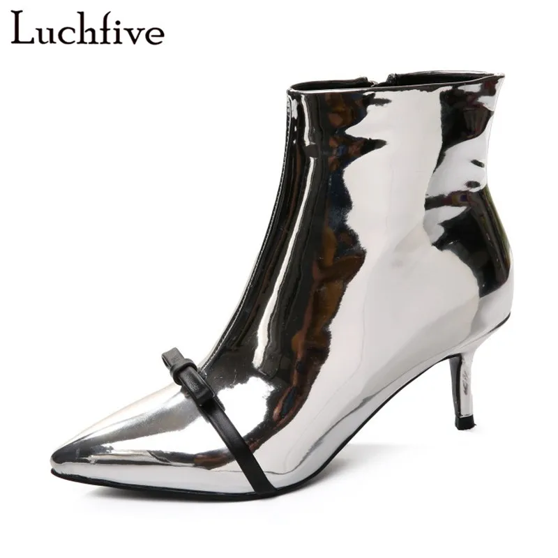 

Silver Mirror patent leather ankle Boots for women high heels pointed toe bowties decor short boots Spring autumn T-show shoes