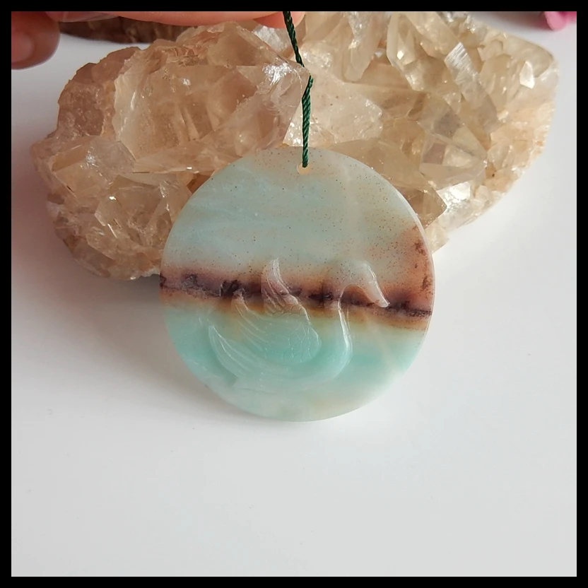 

Hand Carved swan Amazonite Necklace Pendant Bead, Semiprecious stone Jewelry birthday present,50x5mm,19.4g
