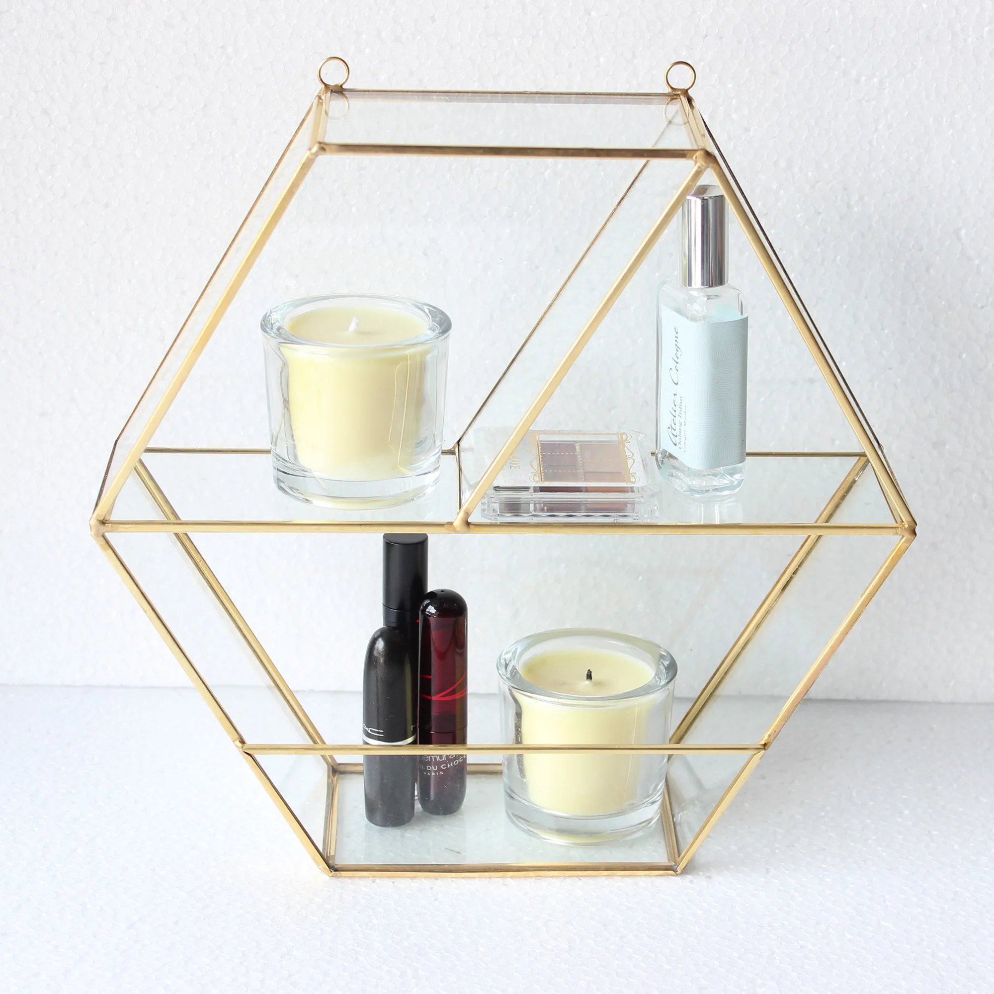 

Classic Europe Handmade Copper Geometric Glass Jewelry Box Hanging Preserved Storage Flower Ring Earring Box Storage