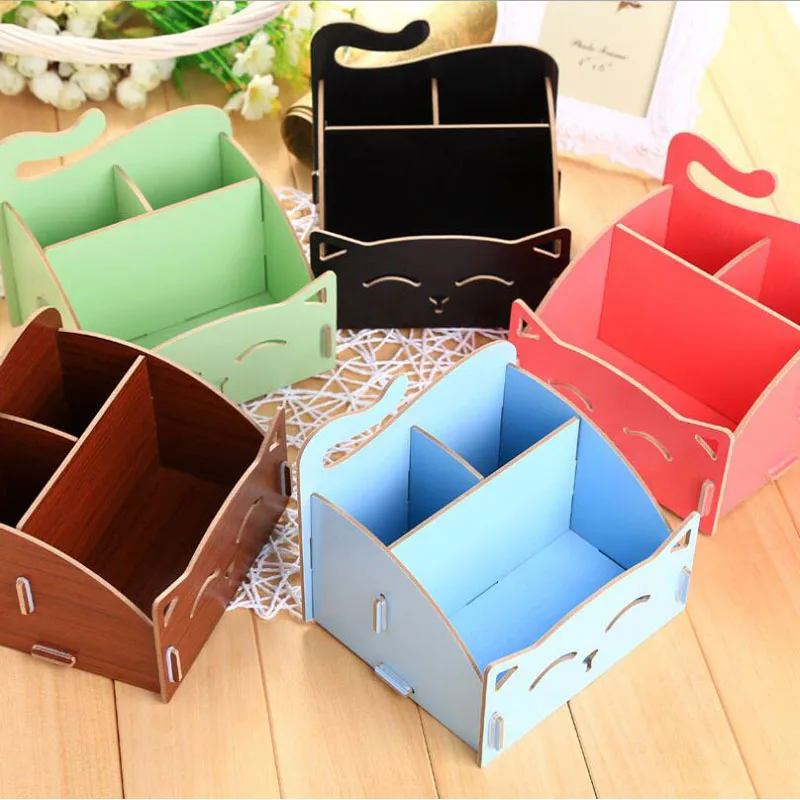 

Wooden Storage Box For Jewelry Organizer For Cosmetics Cute Cat Office Pen Box Container Desktop Storage Assembly DIY