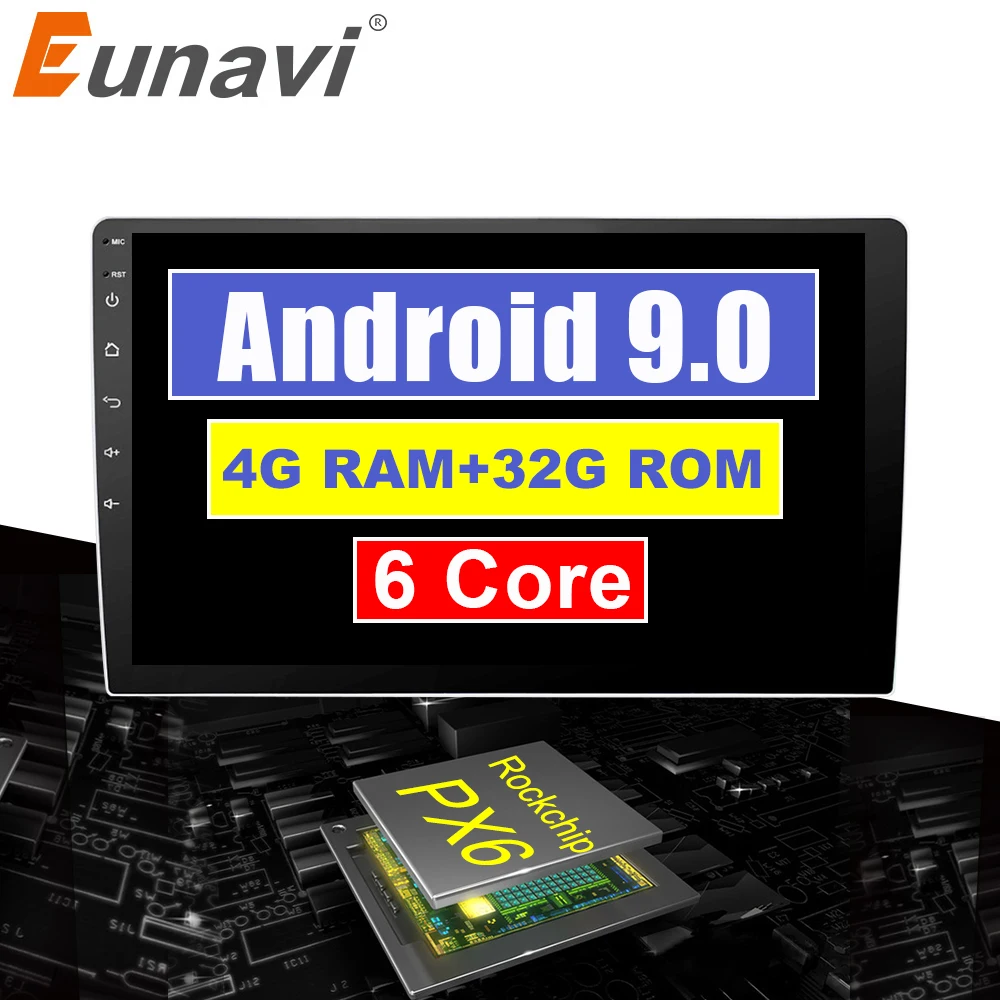 Eunavi 2 الدين 9 ''6 النوى العالمي الروبوت 9.0 4 GB RAM سيارة راديو ستيريو GPS والملاحة WiFi 1024*600 2din سيارة PC
