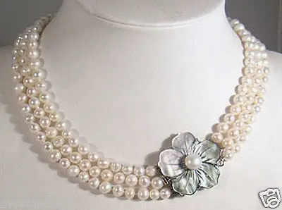 

FREE SHIPPING>>>@@ SA 3Rows 7-8mm Cultured Real White Pearl Necklace Shell Flower Clasp AAA
