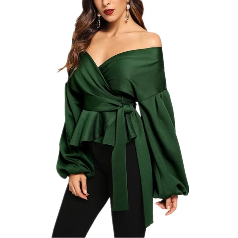 

Women Sexy V Neck Off Shoulder Lantern Long Sleeve Slim Bow Elegant Blouse Office Ladies Solid Fashion Blusa Party Shirt SJ2956M