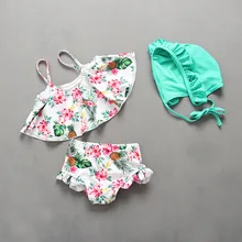 Купальник для девочек, 2 предмета, купальник с шапкой, южнокорейский принт, гавайский праздник, пляж бассейн, одежда для детей от 4 до 11 лет