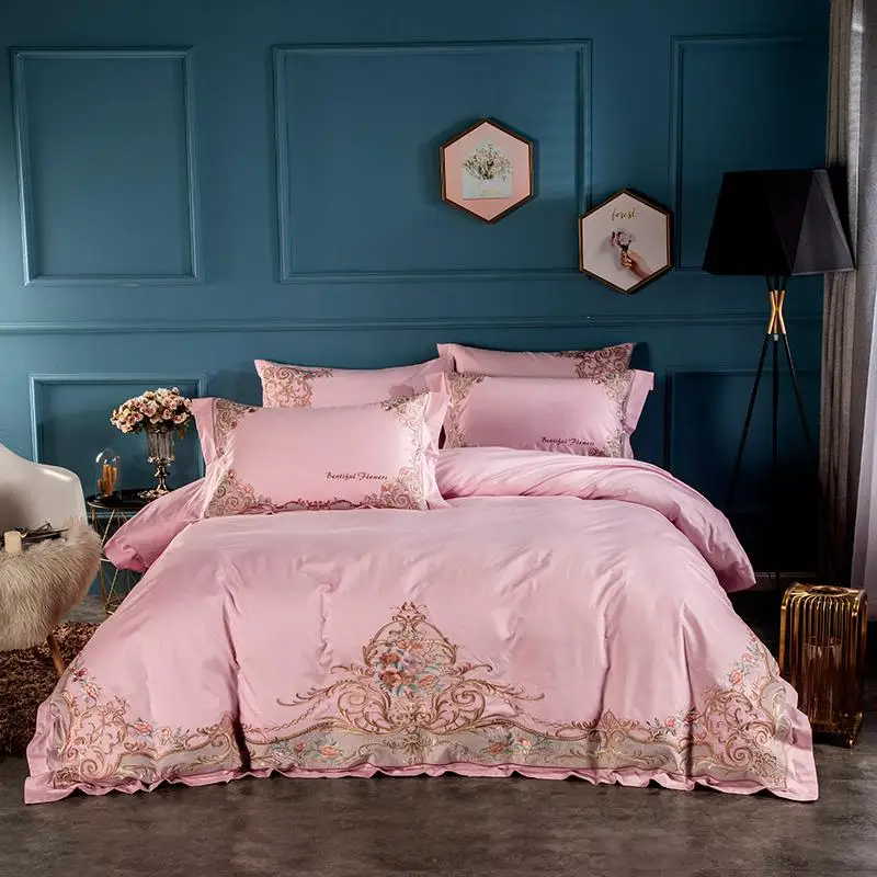 Dusty розовый вышивка цветы роскошный комплект постельного белья из египетского хлопка Королева Король Размер набор постельного белья пододеяльник простыня набор подушек - Цвет: Color 13