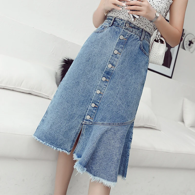 Women Fringed Hem Hip Package Streetwear Skirts Casual Irregular Mid-length Jean Skirt Single Breasted Summer Bottoms