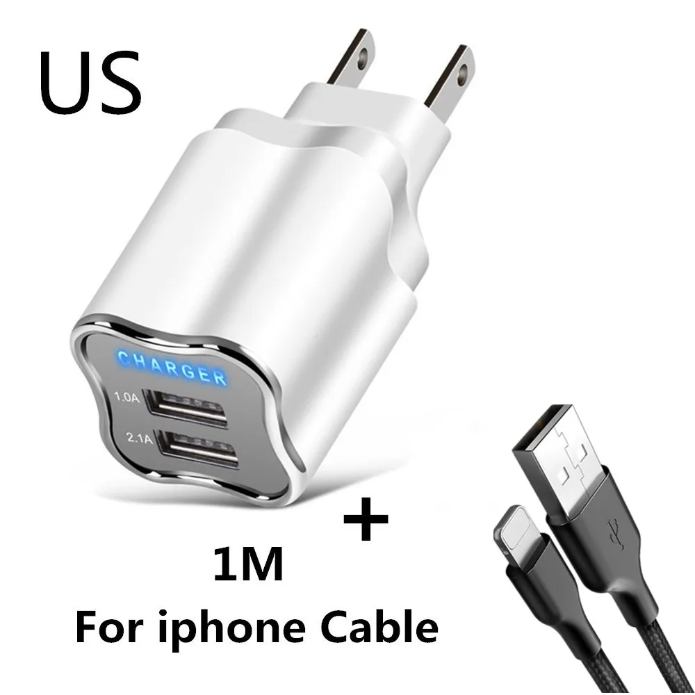 US ip Cable 5 в 2.1A светодиодный 2 USB зарядное устройство для iPhone 8 7 6 iPad хорошее настенное зарядное устройство EU/US переходник samsung huawei Xiaomi зарядное устройство для мобильного телефона s - Тип штекера: US ip Cable