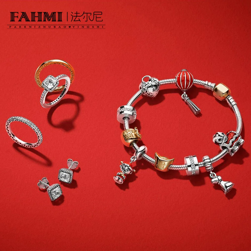 

FAHMI 100% 925 Sterling Silver Lion Dance LANTERN Money Bag Longevity Padlock Fortune Pendant Bead Bracelet Ring Earring Set