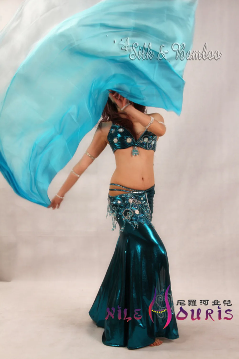 

turquoise fading, 1 piece 2.7m*1.1m(3 yard*45") hand painted belly dance silk veil, real flowy 5mm paj silk!