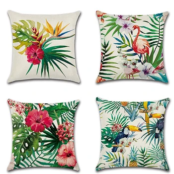 

Fashion Linen Print 4 Pillowcases In Linen Tropical Rainforest Motif Decorative Botanical Plants Decorative Pillowcases