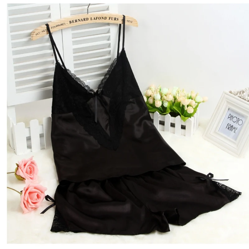 New Pyjama Femme V Neck Lace Women Sleepwear Set Sexy Sling Silk Pajamas Short Pijama Set Pijama Plus Size Nightwear 49 (3)