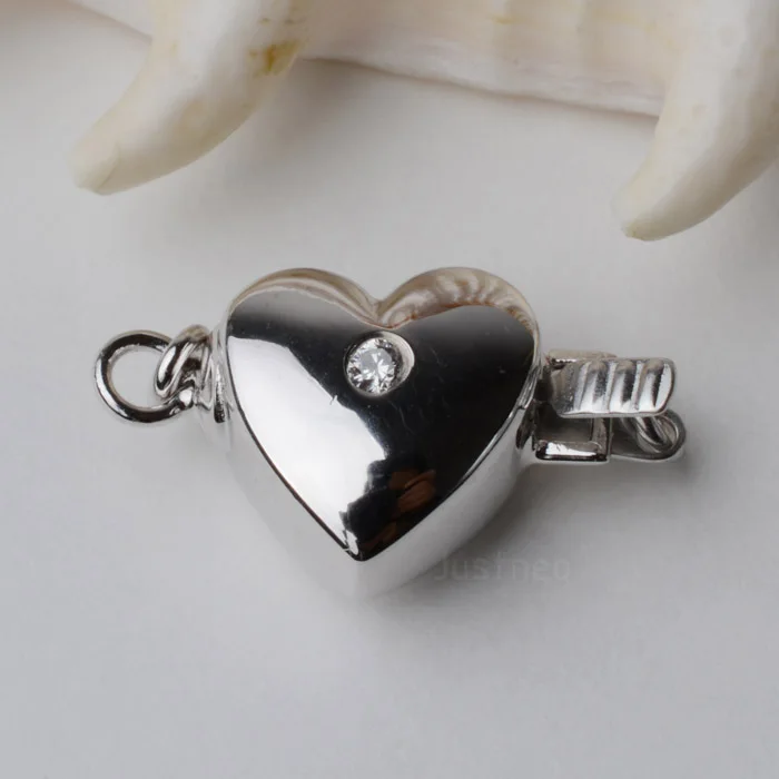 

Solid 925 Sterling Silver Heart Box Table Clasp for Fine Jewelry Making, Rhodium Plated with Central CZ Mounted, 1 piece