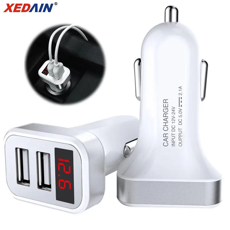 

5V 2.1A Car Charger with LED Screen Smart Auto Car-Charger Adapter Micro 2 USB Cable Charging for iPhone 7 Samsung Xiaomi Huawei