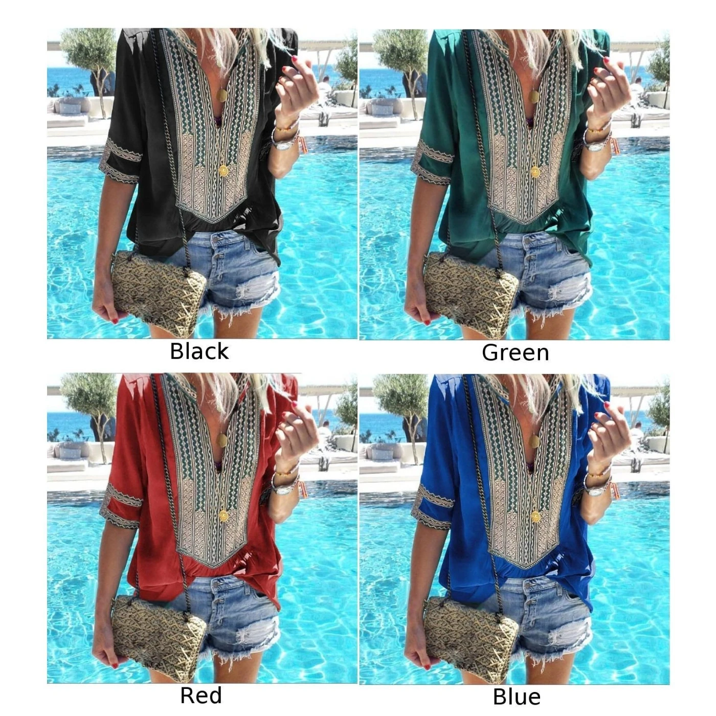 2019 Women's New Fashion Blouse Tops Beach Party Summer Loose Boho Deep V-Neck Half sleeves Print Blouse Femme Streetwear Shirt