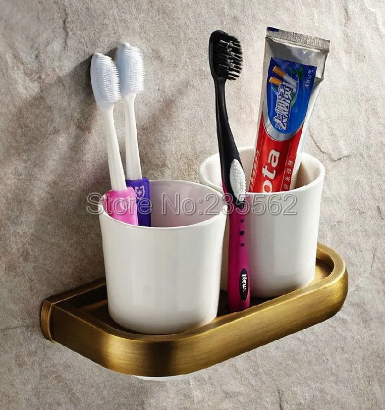 Wall Mounted Retro Brass Toothbrush Holders Set with Ceramic Cups