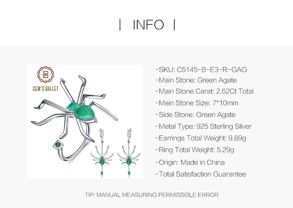 GEM'S балетный 925 пробы, серебряный, в форме паука, ювелирный набор, натуральный зеленый агат, натуральный камень, серьги, кольцо, набор для женщин, хорошее ювелирное изделие