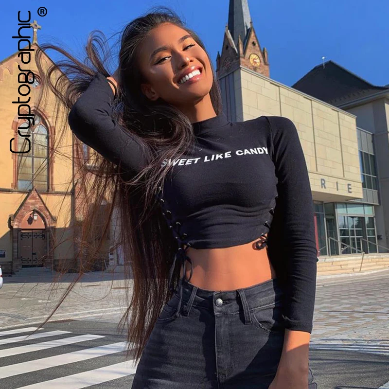 

Cryptographic Sexy Long Sleeve Mock Neck Side Lace Up T-Shirts Top Tees Female 2019 Autumn Fashion Letters Streetwear Crop Tops