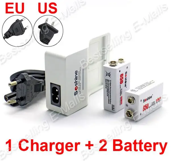 Original Soshine 9V battery Charger with 2 pcs 650 mah Soshine battery Bateria lithium-ion polymer rechargeable 9V battery