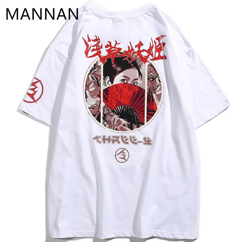 MANNAN Harajuku Ukiyo E Geisha Футболка мужская футболка homme harajuku modis летняя японская хип-хоп хлопковая футболка с коротким рукавом для мужчин s cami - Цвет: White