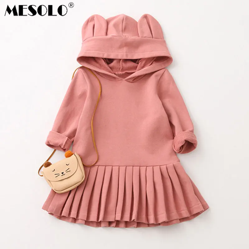 MESOLO/ г. Новое платье Новая Осенняя детская одежда флисовые плиссированные платья с длинными рукавами и заячьими ушками для девочек