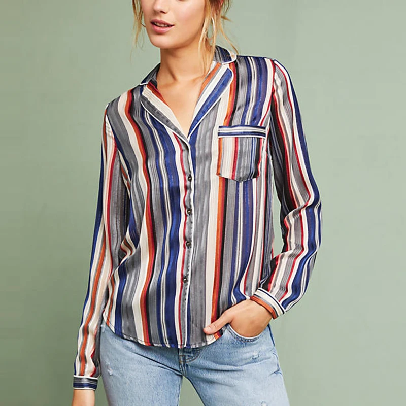 Colorful Stripe Chiffon Bust Pockets Shirts Tops Women Long Sleeve Turn