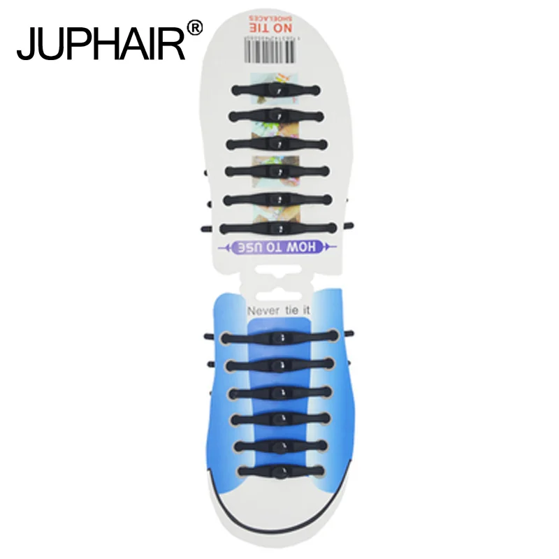 

JUP 1-12 Sets(12 Root/Set)Pure Black Lace Shoelace Flat Elastic Silicone Men Women Sneakers Sport Basketball Running Shoes Round