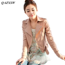 QAZXSW Новое поступление Женская кожаная куртка Женские мотоциклетные куртки однотонные тонкие мотоциклетные куртки пальто из искусственной кожи YX8838