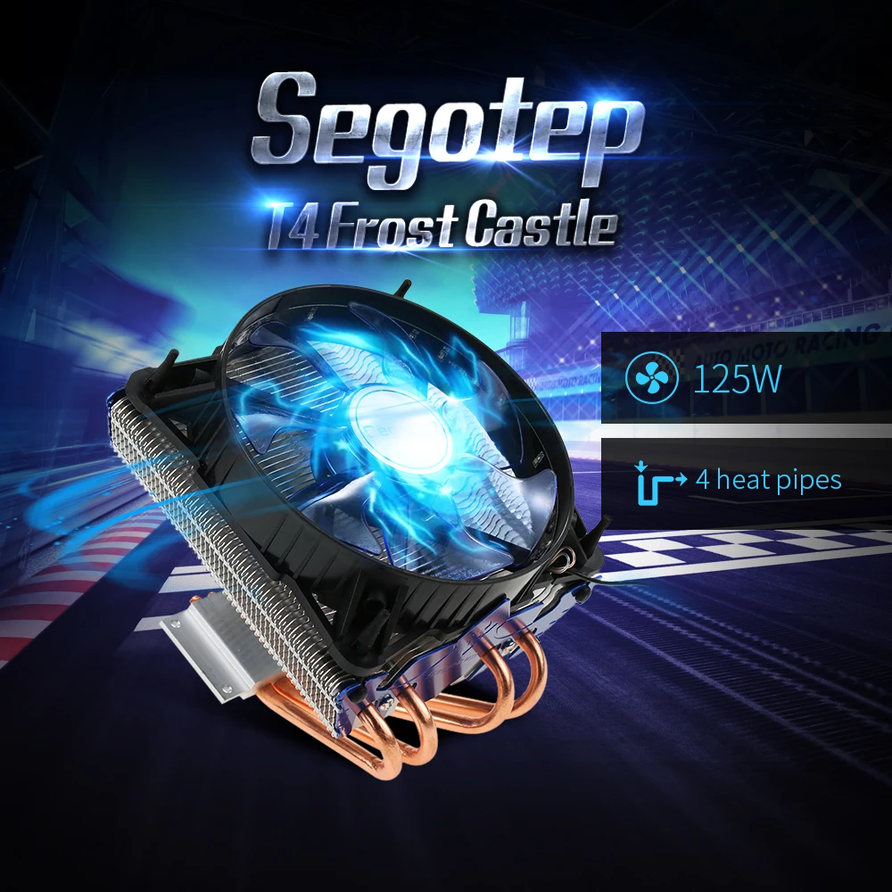 

Segotep T4 Frost Castle Cooling System CPU Cooler LED Lights 4 Heatpipes 4 Pin PWM 12mm Fan 1800RPM for Intel AMD CPU PC Case