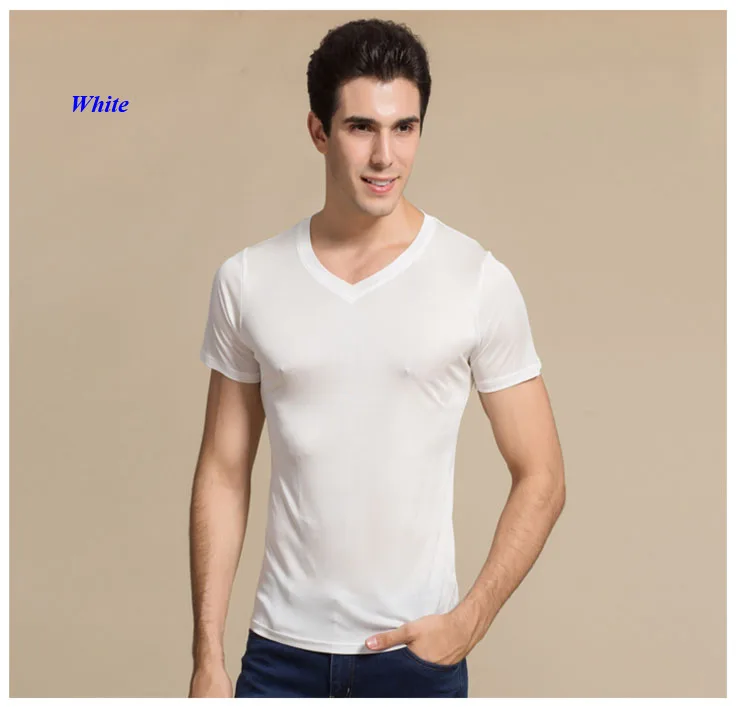 Новое поступление, двусторонняя трикотажная мужская деловая Повседневная футболка из чистого шелка с v-образным вырезом, шелк, трикотажная Мужская футболка с коротким рукавом - Цвет: White
